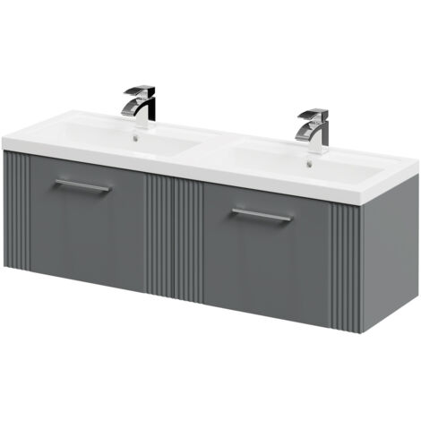 Wholesale Domestic Avant Satin Grey 1200mm Wall Mounted Vanity Unit with Polymarble Double Basin and 2 Drawers with Polished Chrome Handles