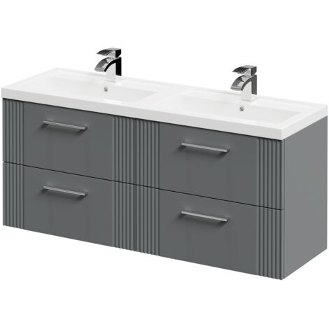 Wholesale Domestic Avant Satin Grey 1200mm Wall Mounted Vanity Unit with Polymarble Double Basin and 4 Drawers with Polished Chrome Handles