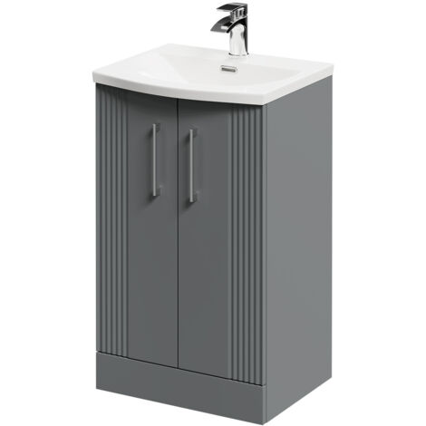 Wholesale Domestic Avant Satin Grey 500mm Floor Standing Vanity Unit with 1 Tap Hole Curved Basin and 2 Doors with Polished Chrome Handles