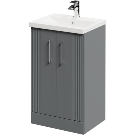 Wholesale Domestic Avant Satin Grey 500mm Floor Standing Vanity Unit with 1 Tap Hole Mid Edge Basin and 2 Doors with Polished Chrome Handles