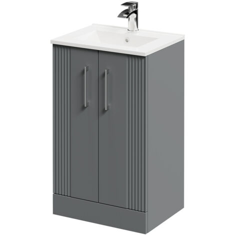 Wholesale Domestic Avant Satin Grey 500mm Floor Standing Vanity Unit with 1 Tap Hole Minimalist Basin and 2 Doors with Polished Chrome Handles