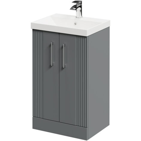 Wholesale Domestic Avant Satin Grey 500mm Floor Standing Vanity Unit with 1 Tap Hole Slim Edge Basin and 2 Doors with Polished Chrome Handles