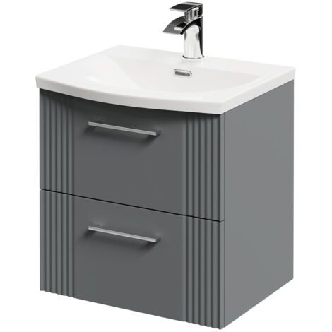 Wholesale Domestic Avant Satin Grey 500mm Wall Mounted Vanity Unit with 1 Tap Hole Curved Basin and 2 Drawers with Polished Chrome Handles