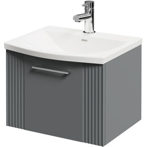 Wholesale Domestic Avant Satin Grey 500mm Wall Mounted Vanity Unit with 1 Tap Hole Curved Basin and Single Drawer with Polished Chrome Handle