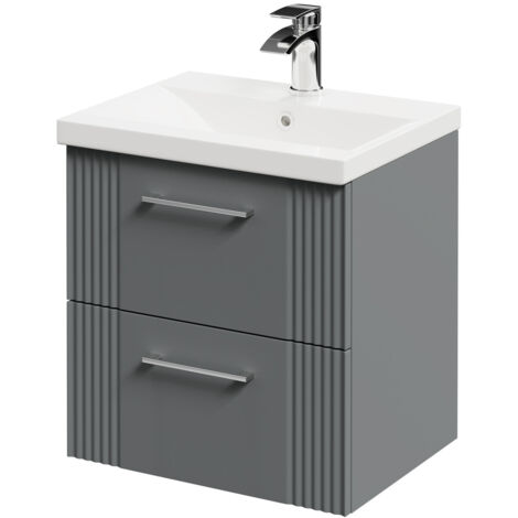 Wholesale Domestic Avant Satin Grey 500mm Wall Mounted Vanity Unit with 1 Tap Hole Mid Edge Basin and 2 Drawers with Polished Chrome Handles