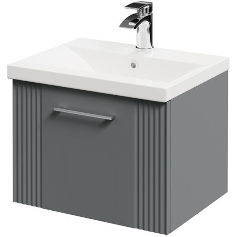 Wholesale Domestic Avant Satin Grey 500mm Wall Mounted Vanity Unit with 1 Tap Hole Mid Edge Basin and Single Drawer with Polished Chrome Handle