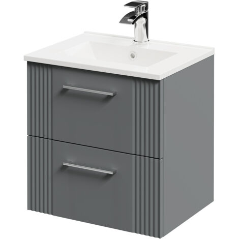 Wholesale Domestic Avant Satin Grey 500mm Wall Mounted Vanity Unit with 1 Tap Hole Minimalist Basin and 2 Drawers with Polished Chrome Handles