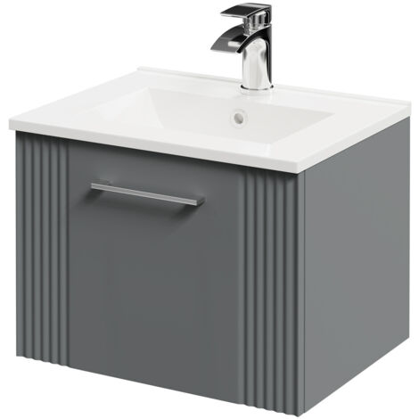 Wholesale Domestic Avant Satin Grey 500mm Wall Mounted Vanity Unit with 1 Tap Hole Minimalist Basin and Single Drawer with Polished Chrome Handle