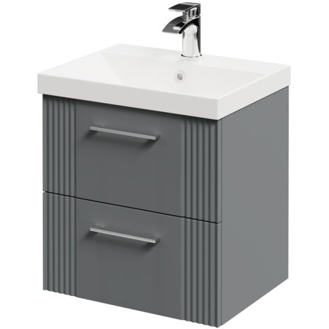 Wholesale Domestic Avant Satin Grey 500mm Wall Mounted Vanity Unit with 1 Tap Hole Slim Edge Basin and 2 Drawers with Polished Chrome Handles