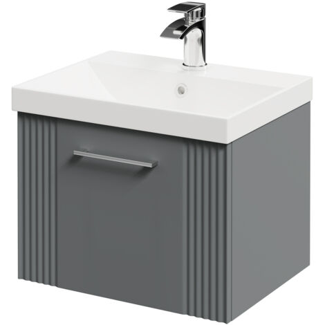Wholesale Domestic Avant Satin Grey 500mm Wall Mounted Vanity Unit with 1 Tap Hole Slim Edge Basin and Single Drawer with Polished Chrome Handle