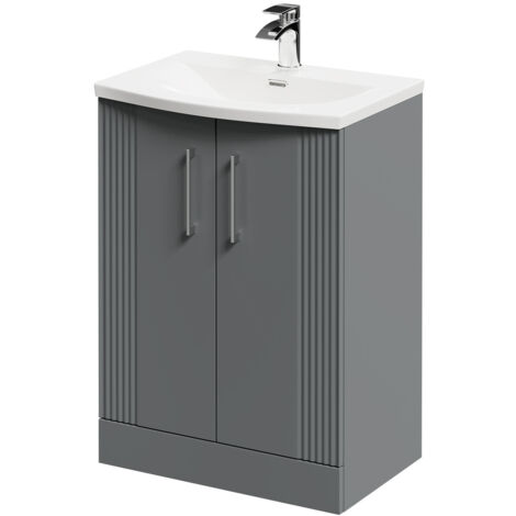 Wholesale Domestic Avant Satin Grey 600mm Floor Standing Vanity Unit with 1 Tap Hole Curved Basin and 2 Doors with Polished Chrome Handles