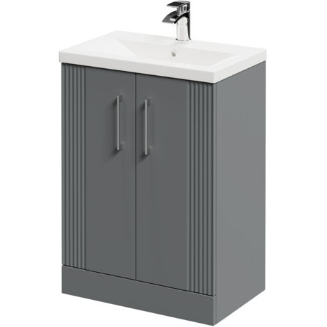 Wholesale Domestic Avant Satin Grey 600mm Floor Standing Vanity Unit with 1 Tap Hole Mid Edge Basin and 2 Doors with Polished Chrome Handles