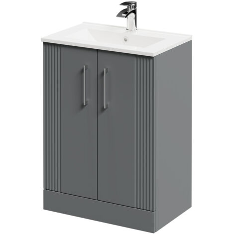 Wholesale Domestic Avant Satin Grey 600mm Floor Standing Vanity Unit with 1 Tap Hole Minimalist Basin and 2 Doors with Polished Chrome Handles