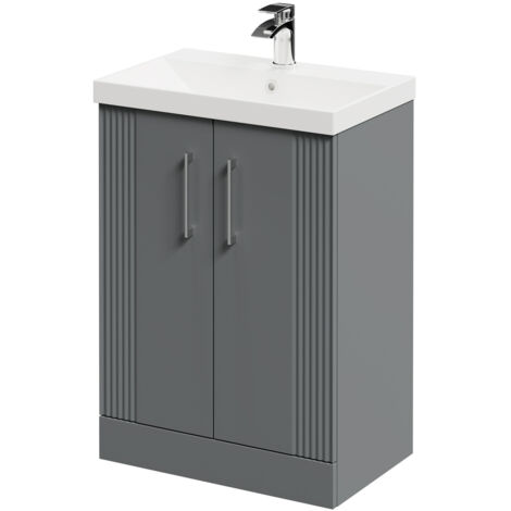 Wholesale Domestic Avant Satin Grey 600mm Floor Standing Vanity Unit with 1 Tap Hole Slim Edge Basin and 2 Doors with Polished Chrome Handles