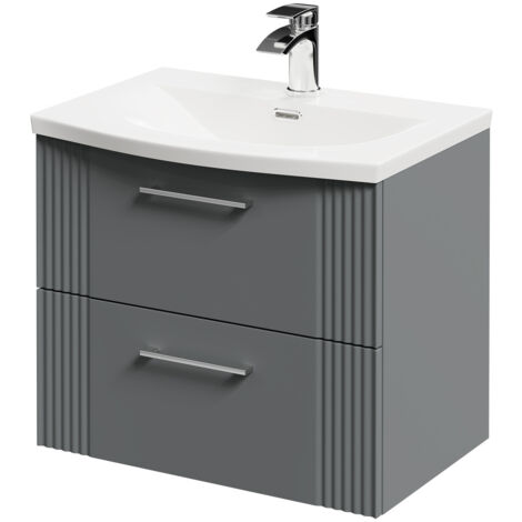 Wholesale Domestic Avant Satin Grey 600mm Wall Mounted Vanity Unit with 1 Tap Hole Curved Basin and 2 Drawers with Polished Chrome Handles