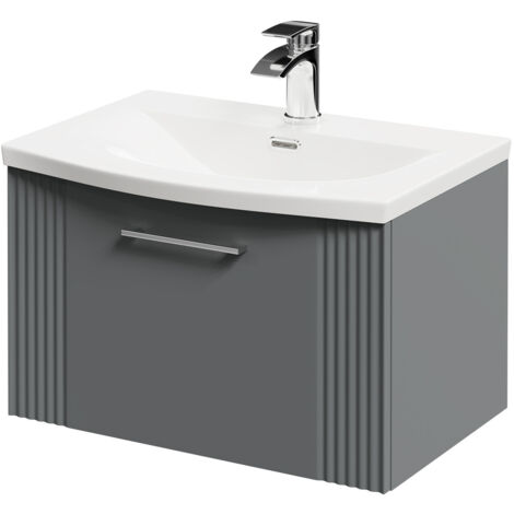 Wholesale Domestic Avant Satin Grey 600mm Wall Mounted Vanity Unit with 1 Tap Hole Curved Basin and Single Drawer with Polished Chrome Handle