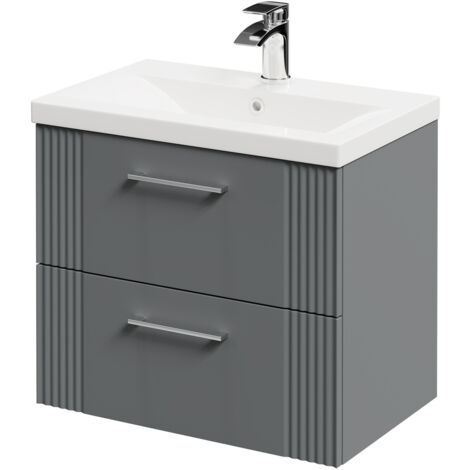 Wholesale Domestic Avant Satin Grey 600mm Wall Mounted Vanity Unit with 1 Tap Hole Mid Edge Basin and 2 Drawers with Polished Chrome Handles