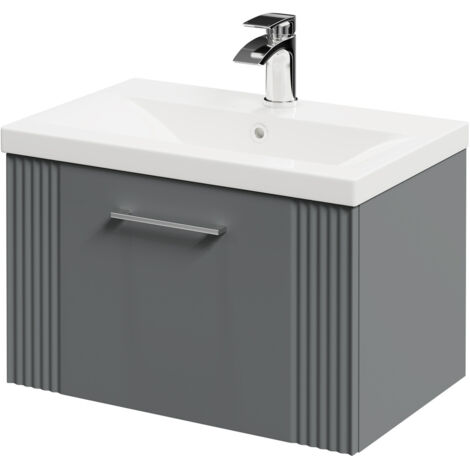 Wholesale Domestic Avant Satin Grey 600mm Wall Mounted Vanity Unit with 1 Tap Hole Mid Edge Basin and Single Drawer with Polished Chrome Handle