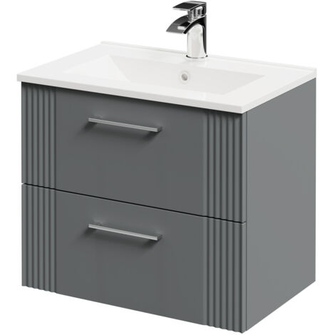 Wholesale Domestic Avant Satin Grey 600mm Wall Mounted Vanity Unit with 1 Tap Hole Minimalist Basin and 2 Drawers with Polished Chrome Handles