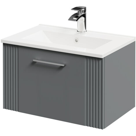 Wholesale Domestic Avant Satin Grey 600mm Wall Mounted Vanity Unit with 1 Tap Hole Minimalist Basin and Single Drawer with Polished Chrome Handle