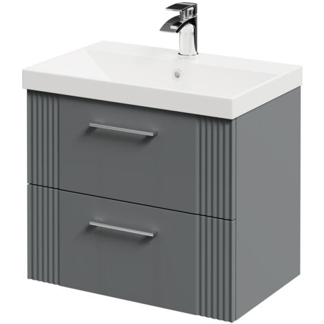 Wholesale Domestic Avant Satin Grey 600mm Wall Mounted Vanity Unit with 1 Tap Hole Slim Edge Basin and 2 Drawers with Polished Chrome Handles