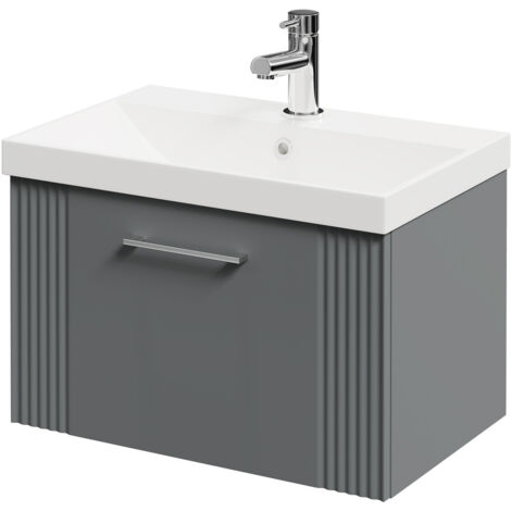 Wholesale Domestic Avant Satin Grey 600mm Wall Mounted Vanity Unit with 1 Tap Hole Slim Edge Basin and Single Drawer with Polished Chrome Handle