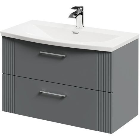 Wholesale Domestic Avant Satin Grey 800mm Wall Mounted Vanity Unit with 1 Tap Hole Curved Basin and 2 Drawers with Polished Chrome Handles