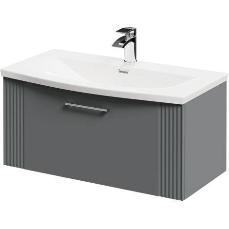 Wholesale Domestic Avant Satin Grey 800mm Wall Mounted Vanity Unit with 1 Tap Hole Curved Basin and Single Drawer with Polished Chrome Handle