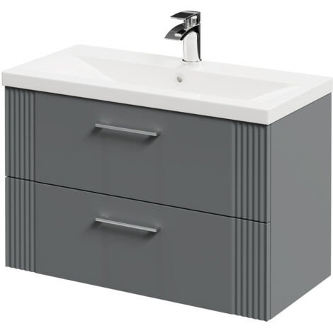 Wholesale Domestic Avant Satin Grey 800mm Wall Mounted Vanity Unit with 1 Tap Hole Mid Edge Basin and 2 Drawers with Polished Chrome Handles