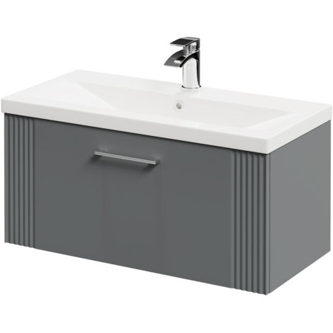 Wholesale Domestic Avant Satin Grey 800mm Wall Mounted Vanity Unit with 1 Tap Hole Mid Edge Basin and Single Drawer with Polished Chrome Handle