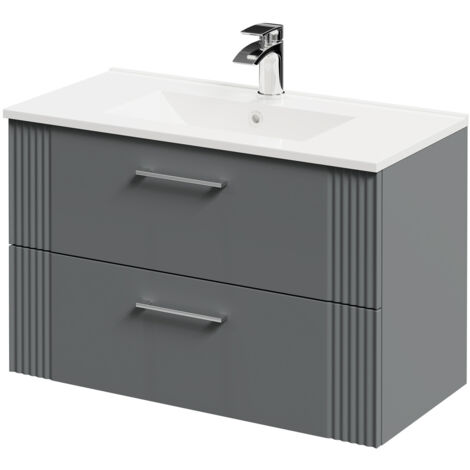 Wholesale Domestic Avant Satin Grey 800mm Wall Mounted Vanity Unit with 1 Tap Hole Minimalist Basin and 2 Drawers with Polished Chrome Handles