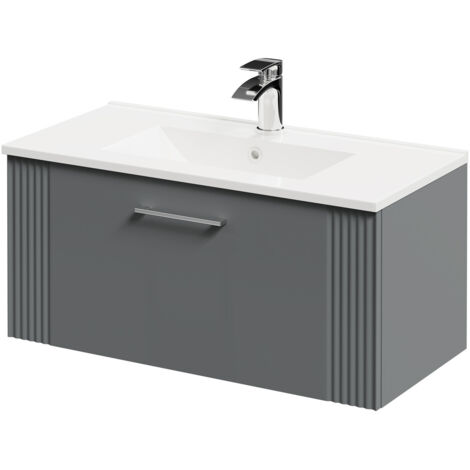Wholesale Domestic Avant Satin Grey 800mm Wall Mounted Vanity Unit with 1 Tap Hole Minimalist Basin and Single Drawer with Polished Chrome Handle