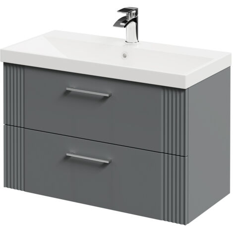 Wholesale Domestic Avant Satin Grey 800mm Wall Mounted Vanity Unit with 1 Tap Hole Slim Edge Basin and 2 Drawers with Polished Chrome Handles