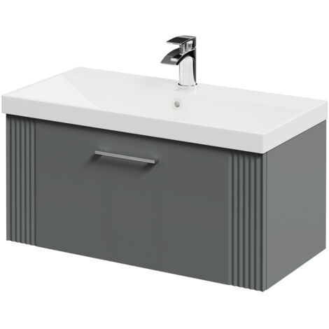 Wholesale Domestic Avant Satin Grey 800mm Wall Mounted Vanity Unit with 1 Tap Hole Slim Edge Basin and Single Drawer with Polished Chrome Handle