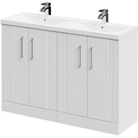 Wholesale Domestic Avant Satin White 1200mm Floor Standing Vanity Unit with Ceramic Double Basin and 4 Doors with Polished Chrome Handles