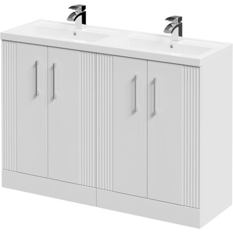 Wholesale Domestic Avant Satin White 1200mm Floor Standing Vanity Unit with Polymarble Double Basin and 4 Doors with Polished Chrome Handles