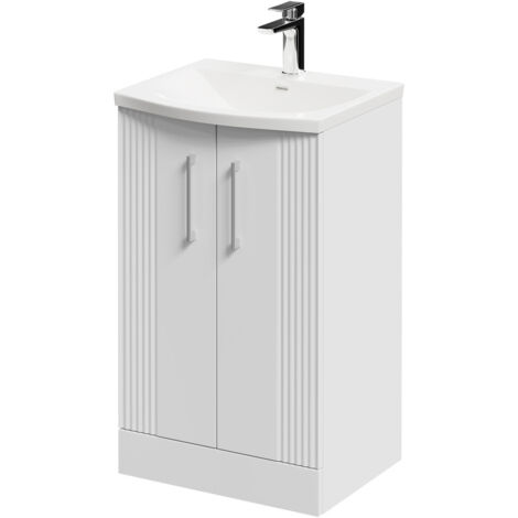 Wholesale Domestic Avant Satin White 500mm Floor Standing Vanity Unit with 1 Tap Hole Curved Basin and 2 Doors with Polished Chrome Handles