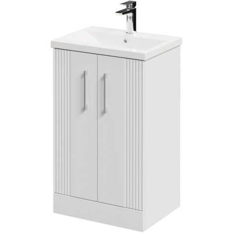 Wholesale Domestic Avant Satin White 500mm Floor Standing Vanity Unit with 1 Tap Hole Mid Edge Basin and 2 Doors with Polished Chrome Handles