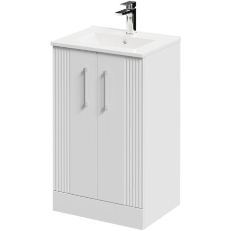 Wholesale Domestic Avant Satin White 500mm Floor Standing Vanity Unit with 1 Tap Hole Minimalist Basin and 2 Doors with Polished Chrome Handles