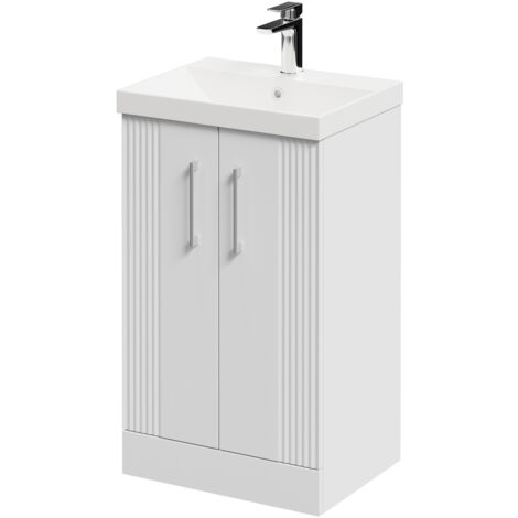 Wholesale Domestic Avant Satin White 500mm Floor Standing Vanity Unit with 1 Tap Hole Slim Edge Basin and 2 Doors with Polished Chrome Handles