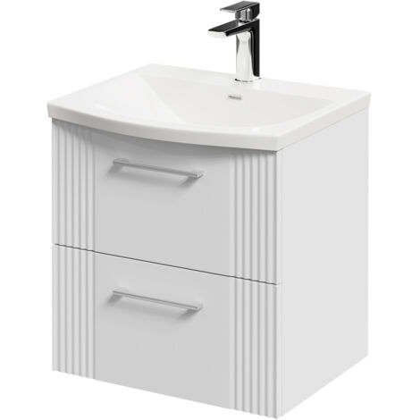 Wholesale Domestic Avant Satin White 500mm Wall Mounted Vanity Unit with 1 Tap Hole Curved Basin and 2 Drawers with Polished Chrome Handle