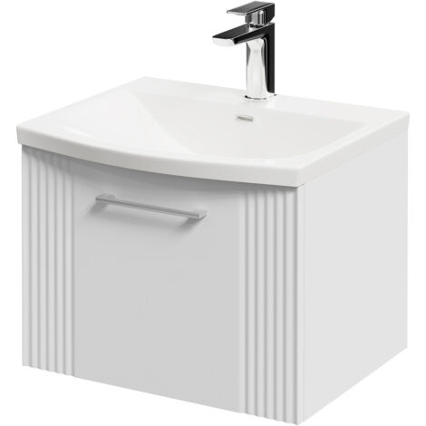 Wholesale Domestic Avant Satin White 500mm Wall Mounted Vanity Unit with 1 Tap Hole Curved Basin and Single Drawer with Polished Chrome Handle
