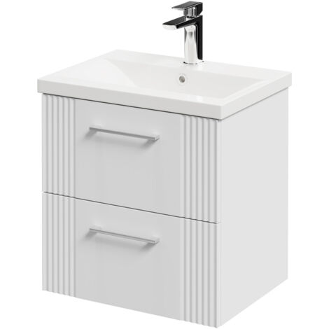 Wholesale Domestic Avant Satin White 500mm Wall Mounted Vanity Unit with 1 Tap Hole Mid Edge Basin and 2 Drawers with Polished Chrome Handles