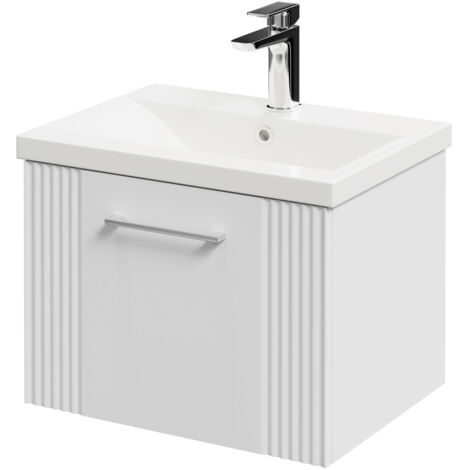 Wholesale Domestic Avant Satin White 500mm Wall Mounted Vanity Unit with 1 Tap Hole Mid Edge Basin and Single Drawer with Polished Chrome Handle