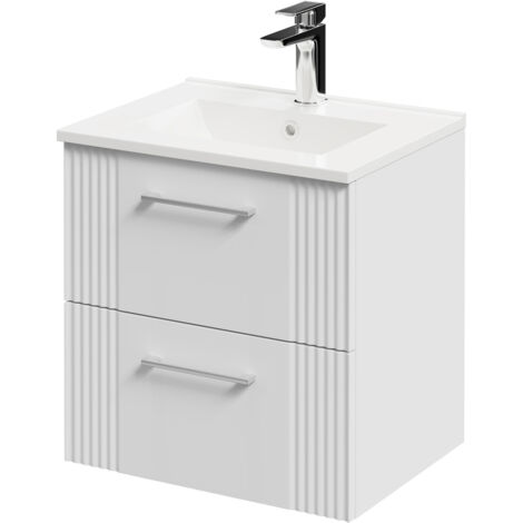 Wholesale Domestic Avant Satin White 500mm Wall Mounted Vanity Unit with 1 Tap Hole Minimalist Basin and 2 Drawers with Polished Chrome Handles