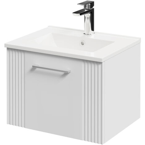 Wholesale Domestic Avant Satin White 500mm Wall Mounted Vanity Unit with 1 Tap Hole Minimalist Basin and Single Drawer with Polished Chrome Handle