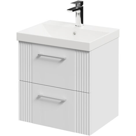 Wholesale Domestic Avant Satin White 500mm Wall Mounted Vanity Unit with 1 Tap Hole Slim Edge Basin and 2 Drawers with Polished Chrome Handles