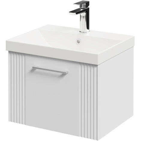 Wholesale Domestic Avant Satin White 500mm Wall Mounted Vanity Unit with 1 Tap Hole Slim Edge Basin and Single Drawer with Polished Chrome Handle
