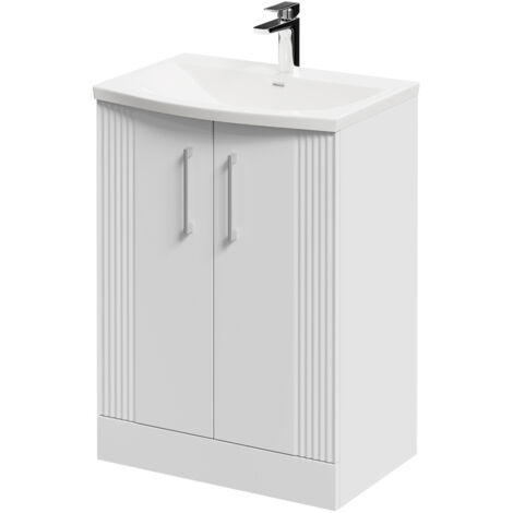 Wholesale Domestic Avant Satin White 600mm Floor Standing Vanity Unit with 1 Tap Hole Curved Basin and 2 Doors with Polished Chrome Handles