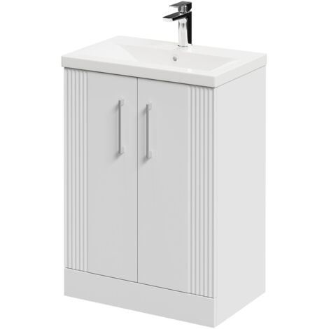 Wholesale Domestic Avant Satin White 600mm Floor Standing Vanity Unit with 1 Tap Hole Mid Edge Basin and 2 Doors with Polished Chrome Handles